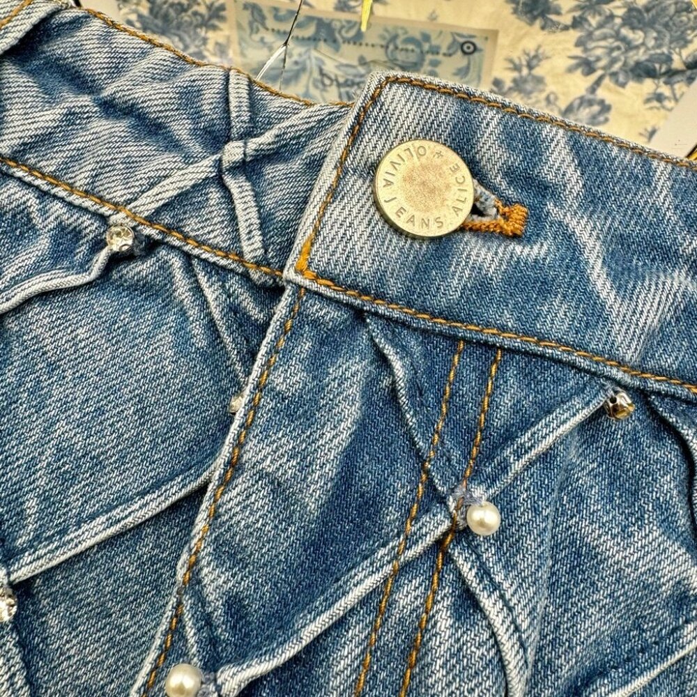 🆕 ALICE + OLIVIA 🧿 NWT Joss High-Rise Quilted Embellished Denim Mini Skirt, 26 - Picture 13 of 16